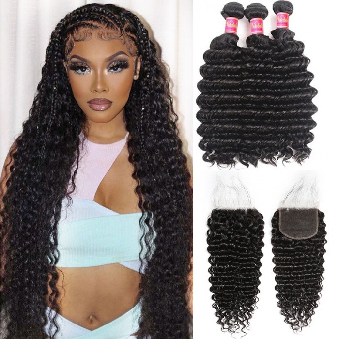 Nadula 5x5 Deep Wave HD Lace Closure With 3 Bundles Deep Wave Weaves Soft Deep Wave Human Hair With HD Closure