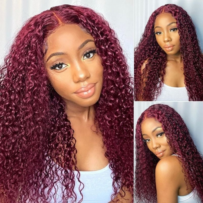 Nadula 4x4 Lace Closure Wig Jerry Curly Remy Hair Wigs Affordable 99J Burgundy Colored Wig