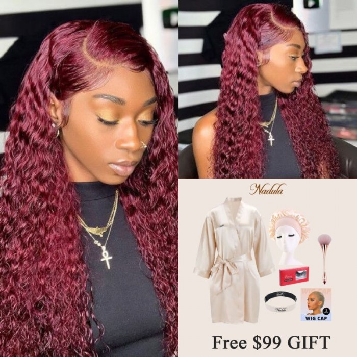 Nadula tiktok 99J Colored Curly Human Hair Wig Pre Plucked 13x4 Lace Frontal Wig Burgundy Human Hair Lace Wigs For Women