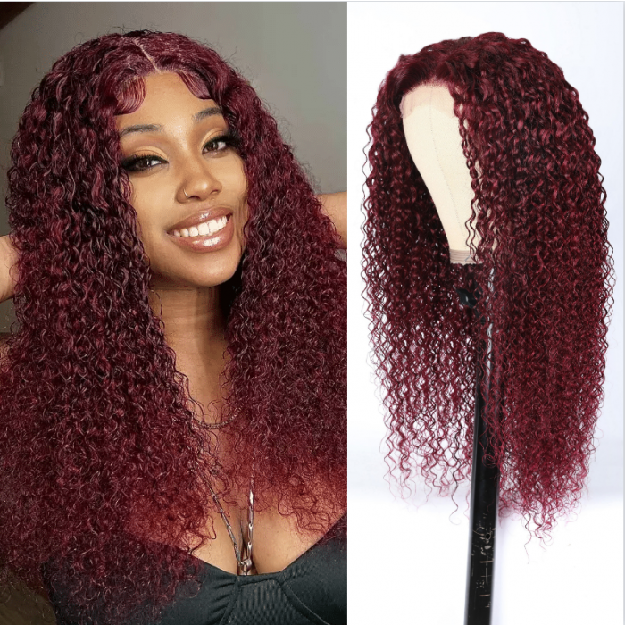 Nadula 4x4 Lace Closure Jerry Curly Wig With 99J Burgundy Colored Wig