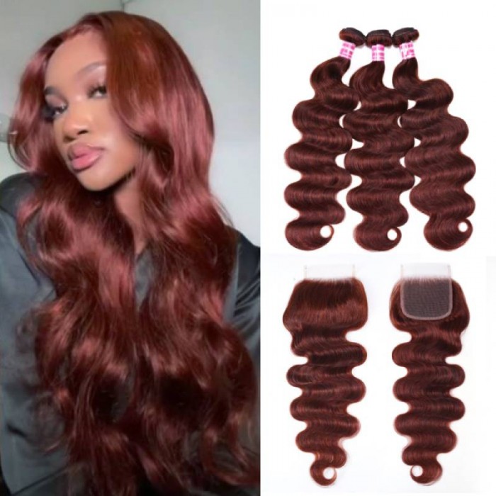 Nadula Reddish Brown Hair Body Wave 3 Bundles with Closure 33B Auburn Human Hair Bundles with Lace Closure