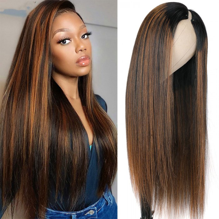 Nadula Brown Highlight V Part Wig Glueless #FB30 Straight Human Hair Wig Quick And Easy Install