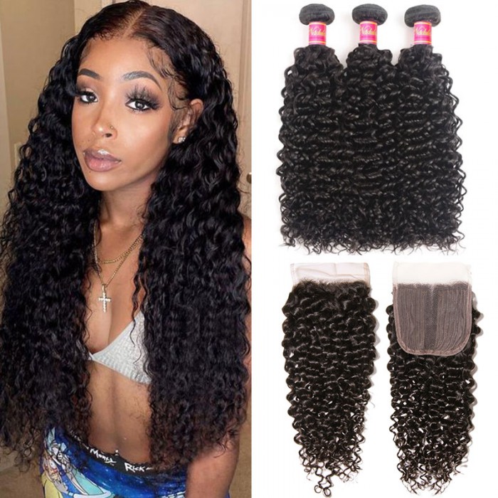 Nadula Curly Weaves Human Hair 3 Bundles With Middle Part Closure Natural Color