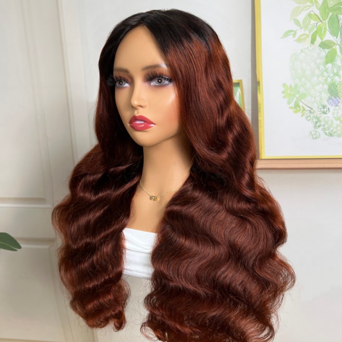 Nadula Reddish Brown Air Wig Glueless V Part Body Wave Wig Copper Red Ombre V Part Wig Human Hair with Hollow Out Breathable Cap
