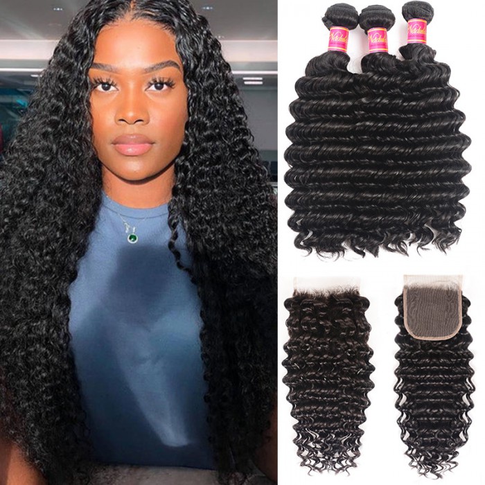 Nadula Deep Wave Virgin Hair Weave 3 Bundles With Lace Closure Soft Unprocessed Virgin Human Hair