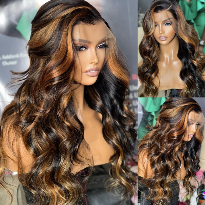 Nadula Middle Part Body Wave Human Hair Wigs Brown Color T Part Lace Wigs With 30 Color Highlights 150% Density