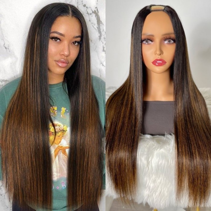 Nadula Glueless Straight U Part Human Hair Wig Ombre Brown #FB30 Balayage Blonde Highlights Color Easy to Install