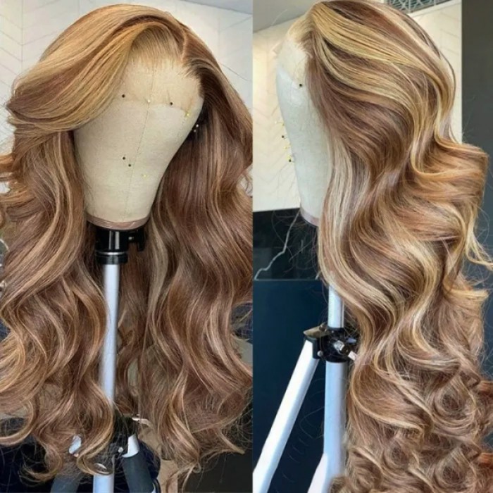Nadula 4x4 Body Wave Lace Closure Wig Honey Blonde Highlight Wig Pre-plucked Human Hair Wigs with Highlight Brown Piano Color 