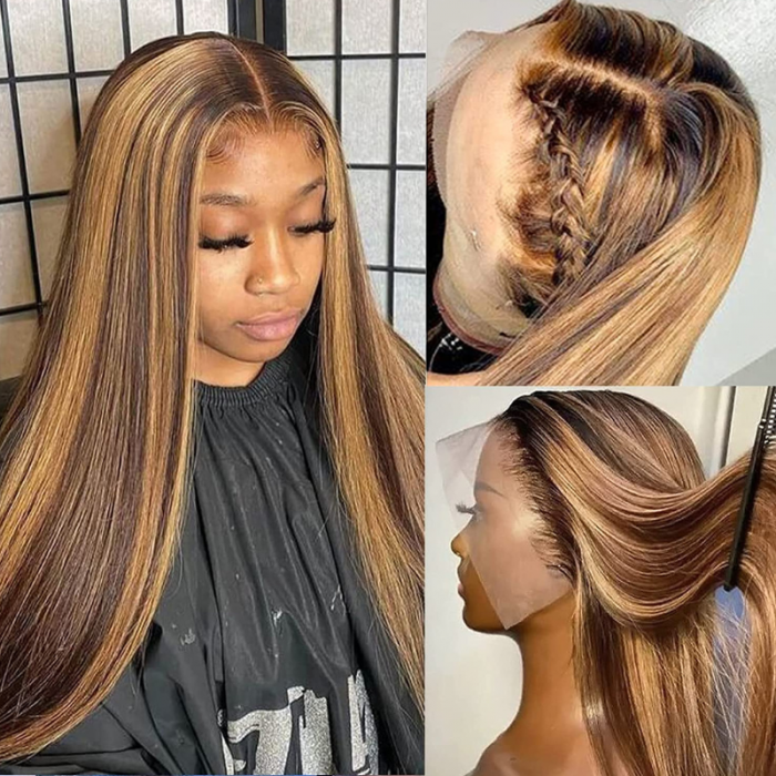 Nadula Honey Blonde Straight Highlight Wigs 13*4 Lace Frontal Human Hair Wigs