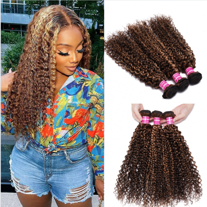 Nadula Hair Honey Blond Highlight Curly 3 Bundles Human Hair Weave Curly Hair Extension