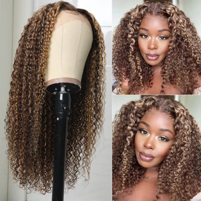 Nadula Whatsapp Flash Sale T Part Honey Blonde Highlight Brown Curly Lace Wigs Pre Plucked 150% Density