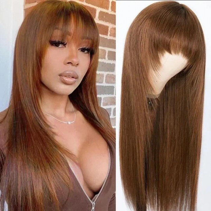 Nadula Dark Brown #4 Color Straight Glueless Layer Cut Wig Affordable Price 100% Human Hair Wig With Bangs
