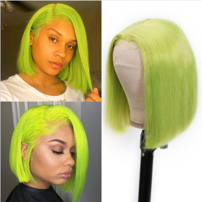 Nadula Lace Front Lime Green Color Short Bob Human Hair Wig 150% Density