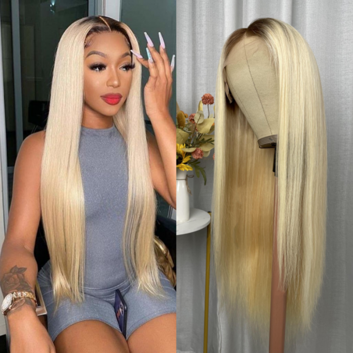 Nadula Straight Lace Front 613 Blond Color With Dark Brown Roots Human Hair Wig