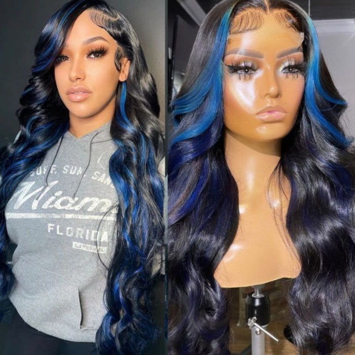 Nadula 13x4 Blue Highlight Wig Pre-plucked Body Wave Lace Front Wig Colored Human Hair Wigs for Women