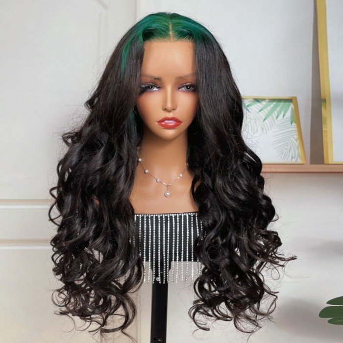 Nadula Lace Frontal Green Colored Roots Wig 13 x 4 Lace Front Loose Wave Sparkle Roots On Black Hair Wig 