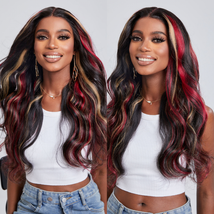 Nadula Multi Color Highlights Loose Wave 13x4 Lace Front Blonde And Red Big Body Wave Wigs Human Hair 