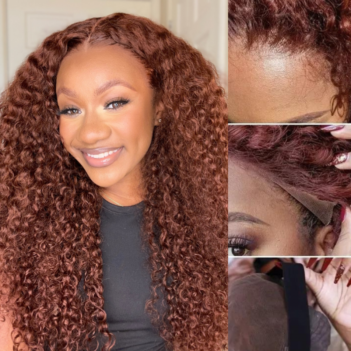 Nadula 13*4 Lace Frontal Jerry Curly Wig Reddish Brown Dark Auburn Color Lace Front Human Hair Wigs