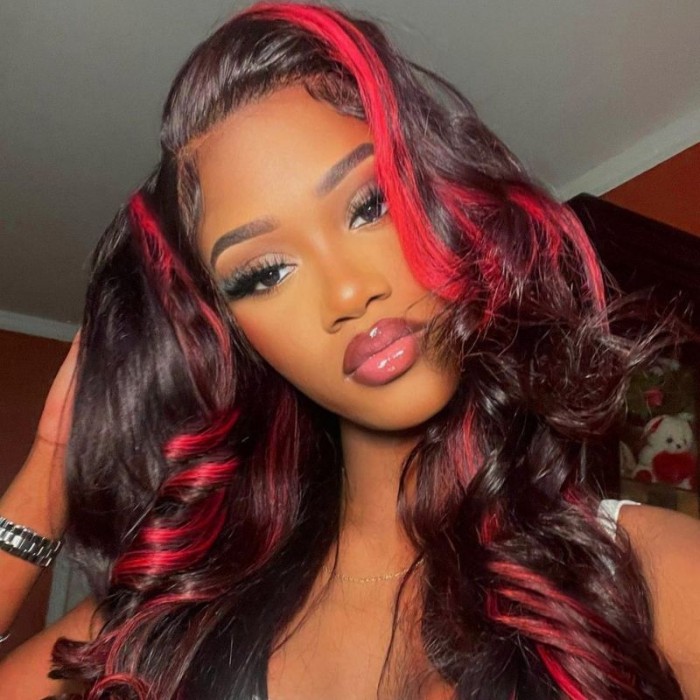 Nadula Rose Red Highlight Wavy Human Hair Wig Gorgeous Loose Wave Lace Frontal Wig With Burgundy Highlights Color Pre-plucked