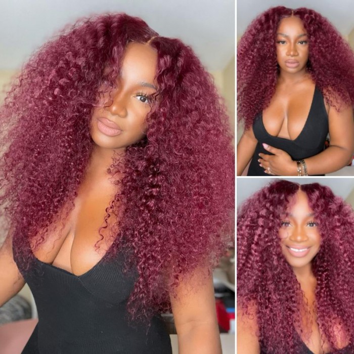 Nadula 4x4 Lace Closure Jerry Curly Wig With 99J Burgundy Colored Wig