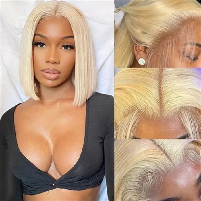Nadula 613 Blonde Short Bob Human Hair Wigs Pre Plucked 13x4 Transparent Lace Front Wigs Straight Hair 150% Density