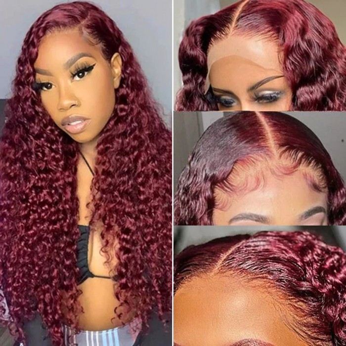 Nadula 99J Colored Curly Remy Hair Wig Pre Plucked T Part Wig Affordable Burgundy Middle Part Lace Wigs For Women