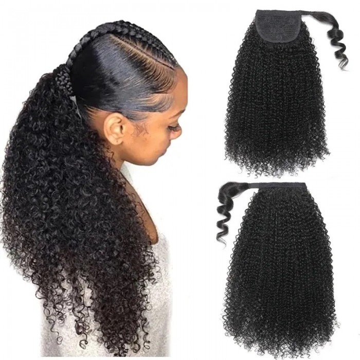 Nadula Afro Kinky Curly Drawstring Ponytail Human Hair Extensions Wrap Around with Clips In for Natural Black