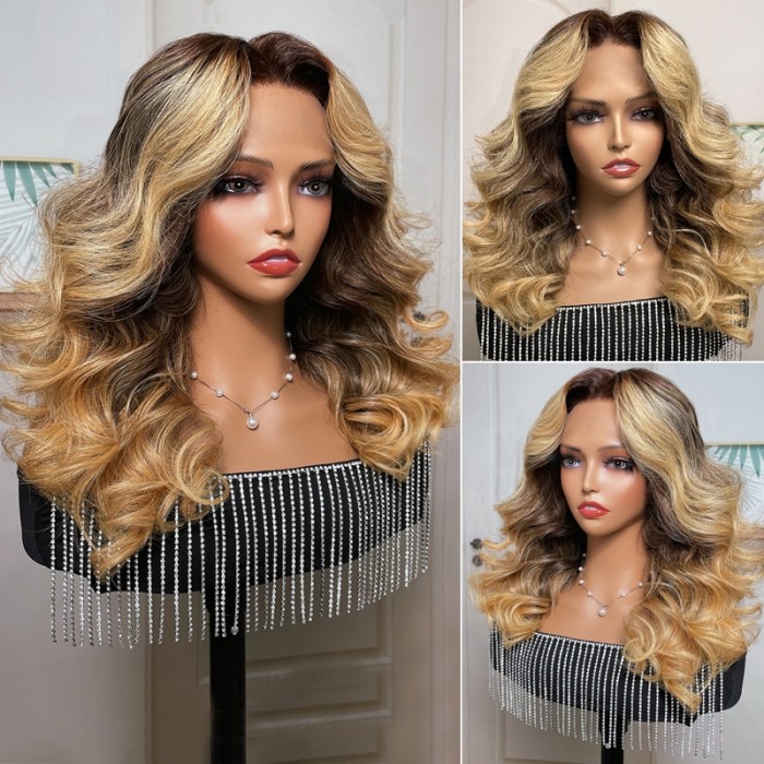 Nadula Blonde Honey Brown Ombre Body Wave Wig Lace Front Human Hair Wigs