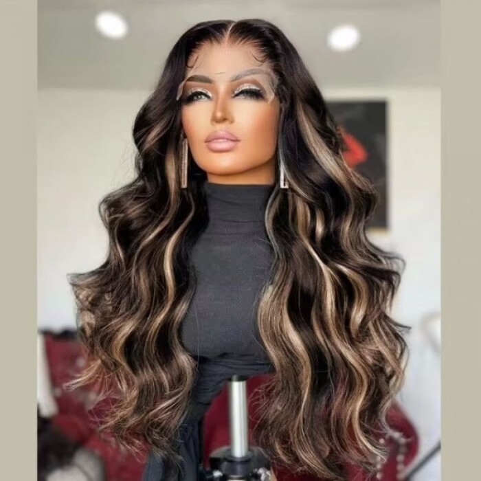 Nadula Body Wave Black Wigs With Balayage Brown Highlights Lace Front Wigs