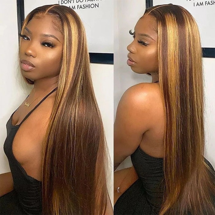 Nadula Honey Blonde Straight Highlight Wigs 13*4 Lace Frontal Human Hair Wigs