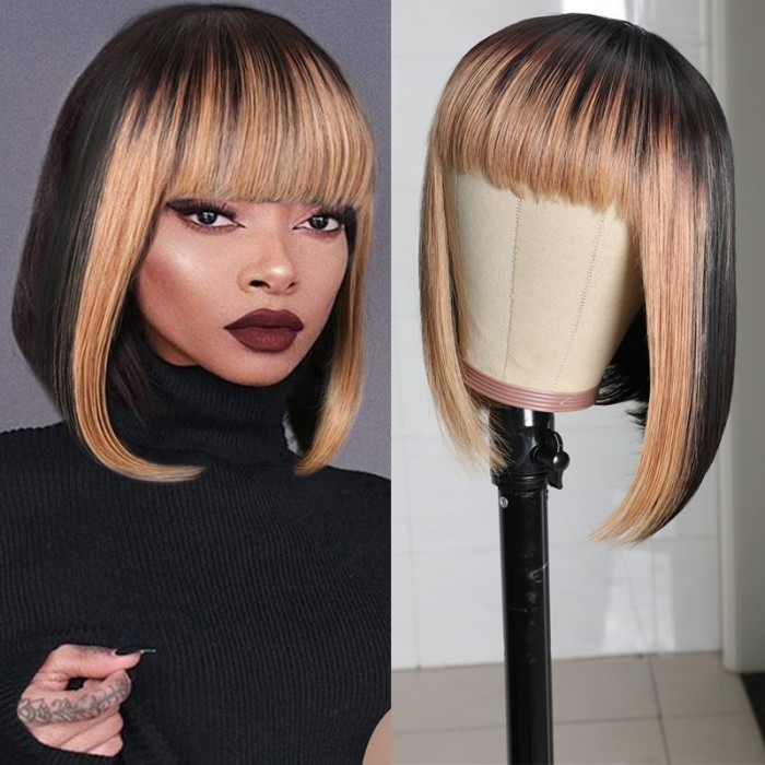 Nadula Whatsapp Flash Deal Brown with Black Bob Wig with Bangs 14inch Straight Highlight Bob Wig Ombre Wig Classic Cap