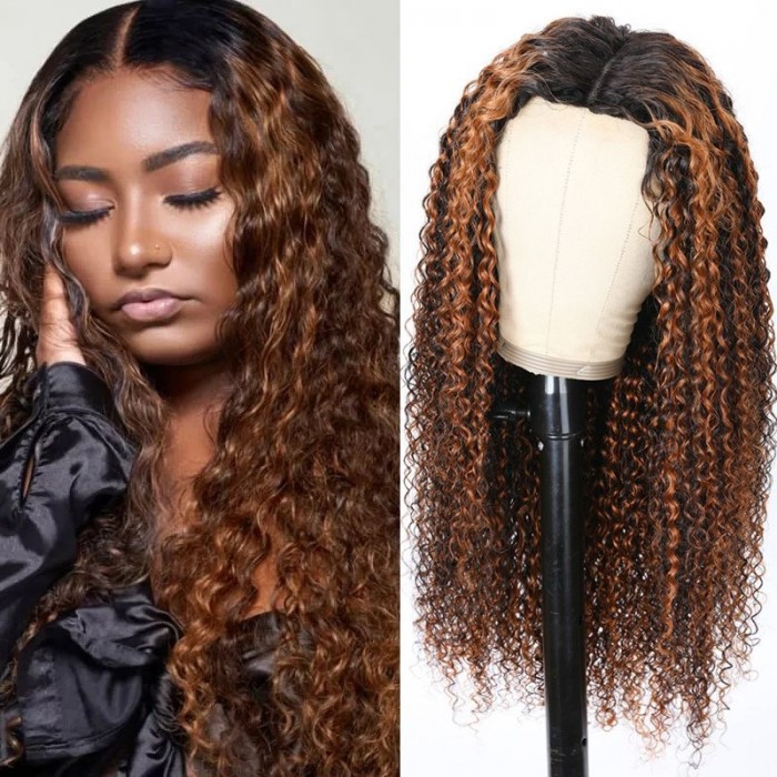 Nadula Flash Sale Caramel Balayage Highlights Curly Wigs Glueless Ombre V Part Wig