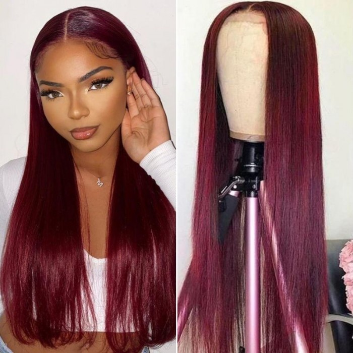 Nadula 99J Burgundy Straight Wigs 4*0.75 Inch T Part Hand-Tied Lace Wig
