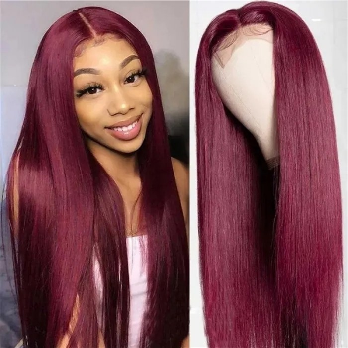 Nadula Colored 99J Burgundy Straight Wigs 4*0.75 Inch T Part Hand-Tied Lace Wig Invisible Knots Human Hair Wig