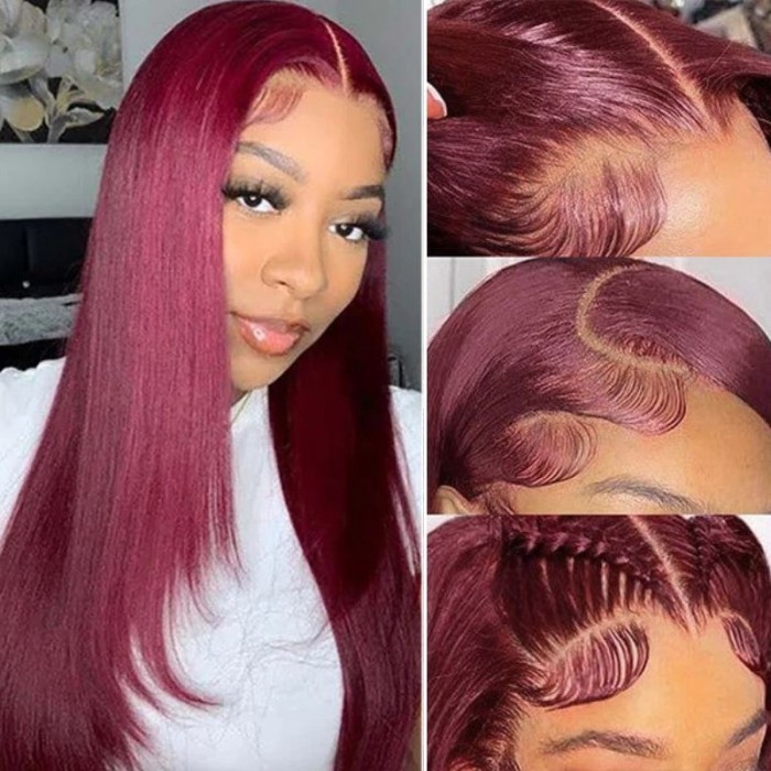 Nadula Colored Wigs Burgundy 99J Straight Lace Front Wigs Red Wine Color Virgin Human Hair Wigs 150% Density