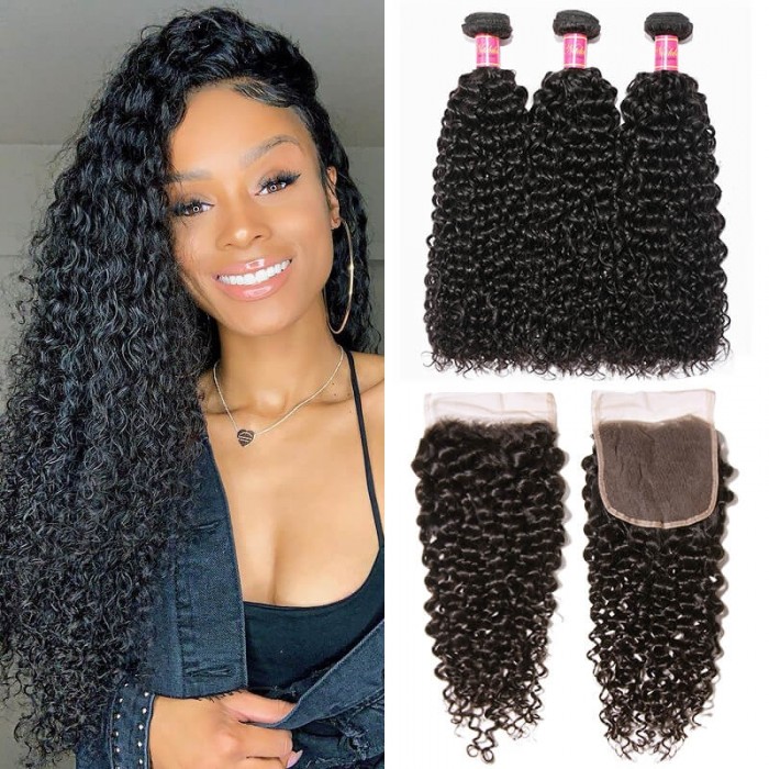 Nadula Curly Virgin Hair Weave 3 Bundles With 4x4 Lace Closure Unprocessed Human Hair Extensions