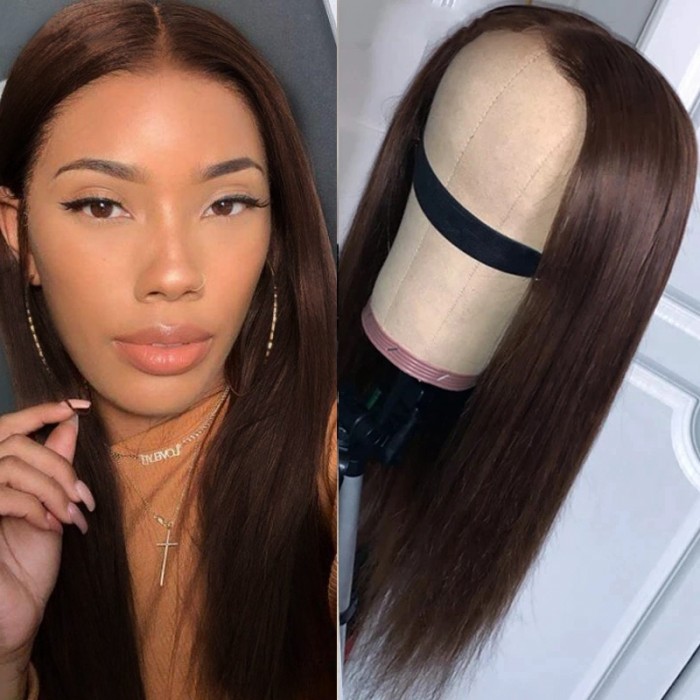 Nadula 22 Inch Dark Brown Wig T Part Straight Wigs 150% Density Human Hair Wigs With Baby Hair PrePlucked