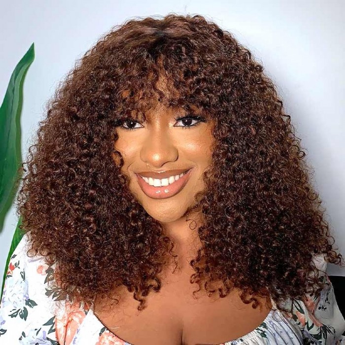 Nadula Chocolate Brown Micro Deep Wave Highlight Short Wig With Bangs