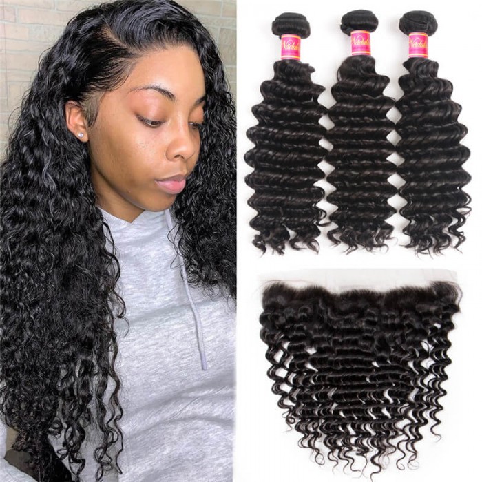 Nadula Deep Wave Virgin Hair 3 Bundles With Lace Frontal 13x4 Hair Closure Soft Human Hair