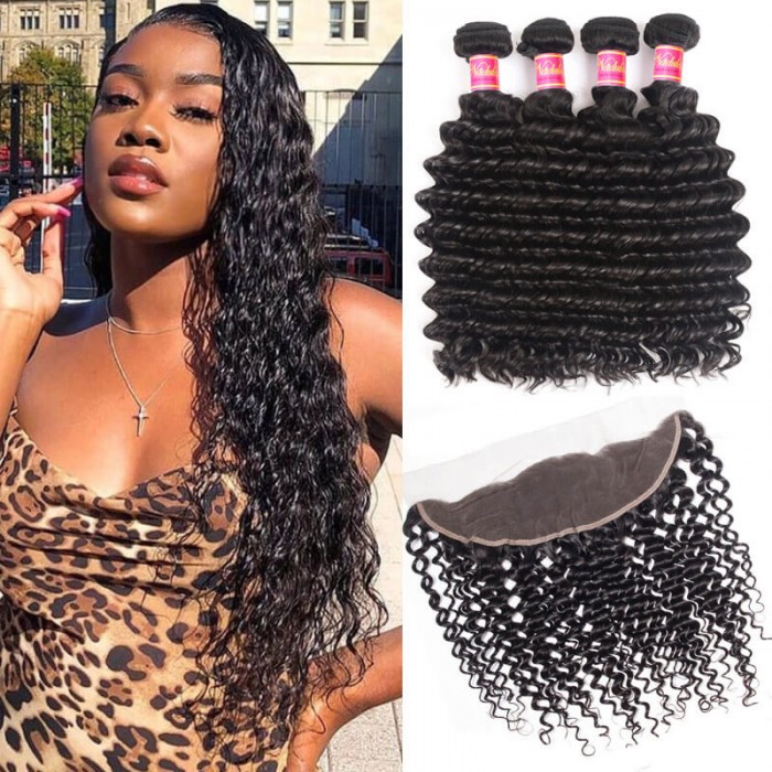 Nadula Deep Wave Virgin Hair Weave 4 Bundles With Lace Frontal Closure 13x4 Thick Hair Bundles With Frontal For Sale