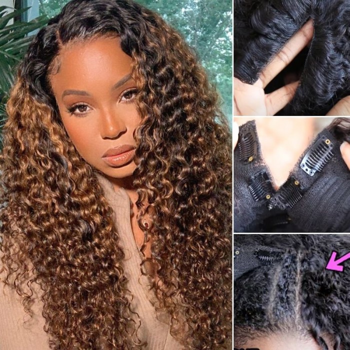 Nadula FB30# Balayage Highlight V Part Virgin Human Hair Curly Wig
