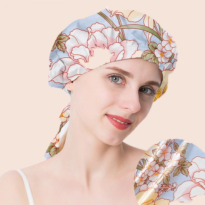 Nadula Floral Pattern Satin Night Cap Sleeping Hat Silk Night Cap For Hair For Women