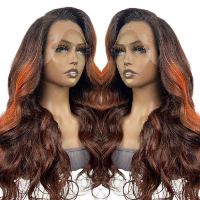 Nadula Mixed Ginger Highlights With Chestnut Brown Body Wave Glueless Wig