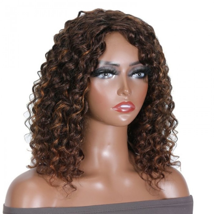 Nadula Glueles Mix Color Brown Curly Bob Human Hair Wigs Honey Brown Auburn Color Highlights Natural Wave Wigs