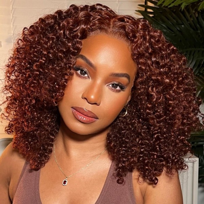 Nadula Reddish Brown 4X0.75 T Part Wig Short Bob Curly Wig with Pre Plucked Hairline