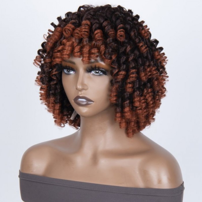 Nadula Glueless Reddish Brown Ombre Bouncy Curly Wig with Bangs