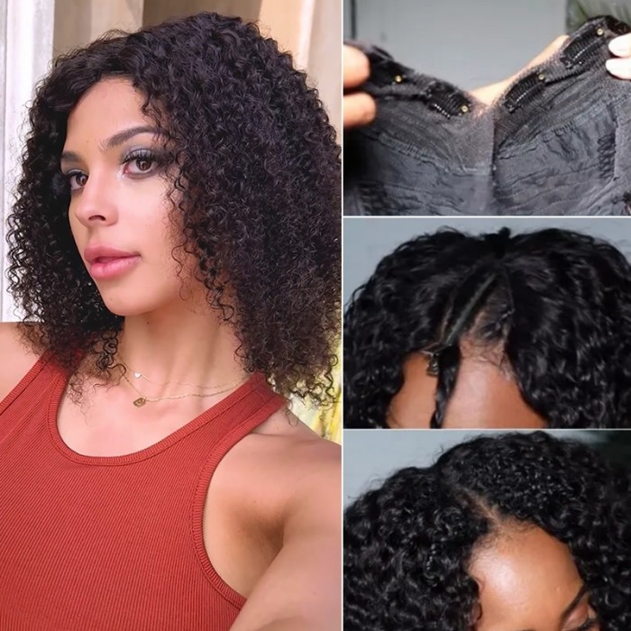 Nadula Glueless V Part Bob Wig Jerry Curly Real Scalp Human Hair Wig No Leave-Out No Sew In V Part Wig