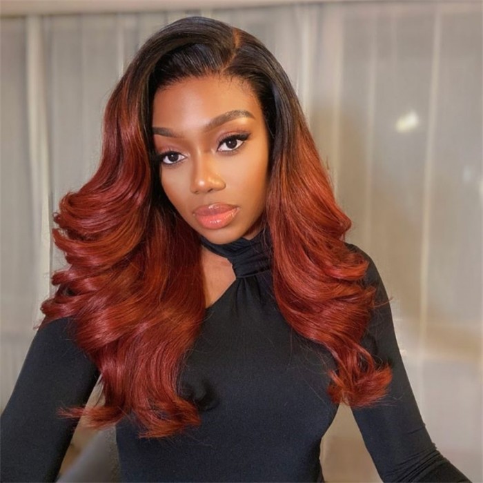 Clearance Sale Nadula Glueless V Part Body Wave Wig Copper Red With Dark Roots Ombre Breathable Hollow Out Wigs