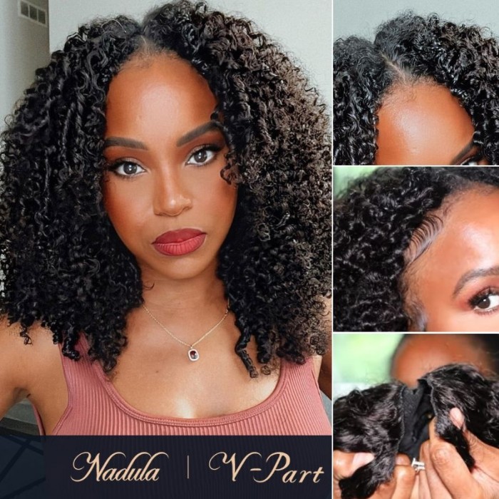 Nadula 60% Off Glueless V Part Kinky Curly Wig Upgrade U Part Human Hair Coily Wig Beginner Friendly Wear and Go 