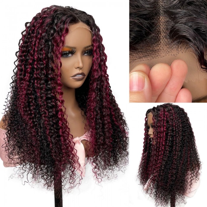 Nadula Dark Burgundy With Rose Red Highlights Curly 13x4 Lace Front Wig 